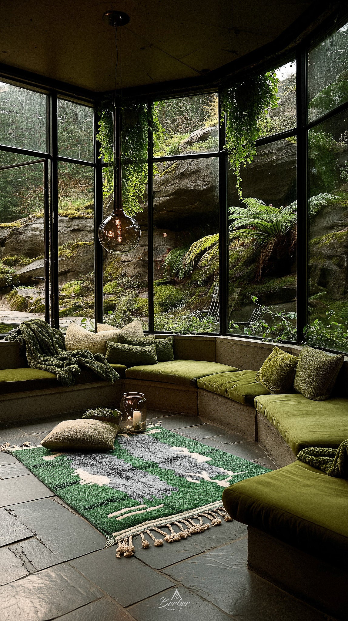 Green Living Room Rug 3 X 5 Ft | 90 X 150 Cm / With Tassels / Short (0.4” / 1 cm)