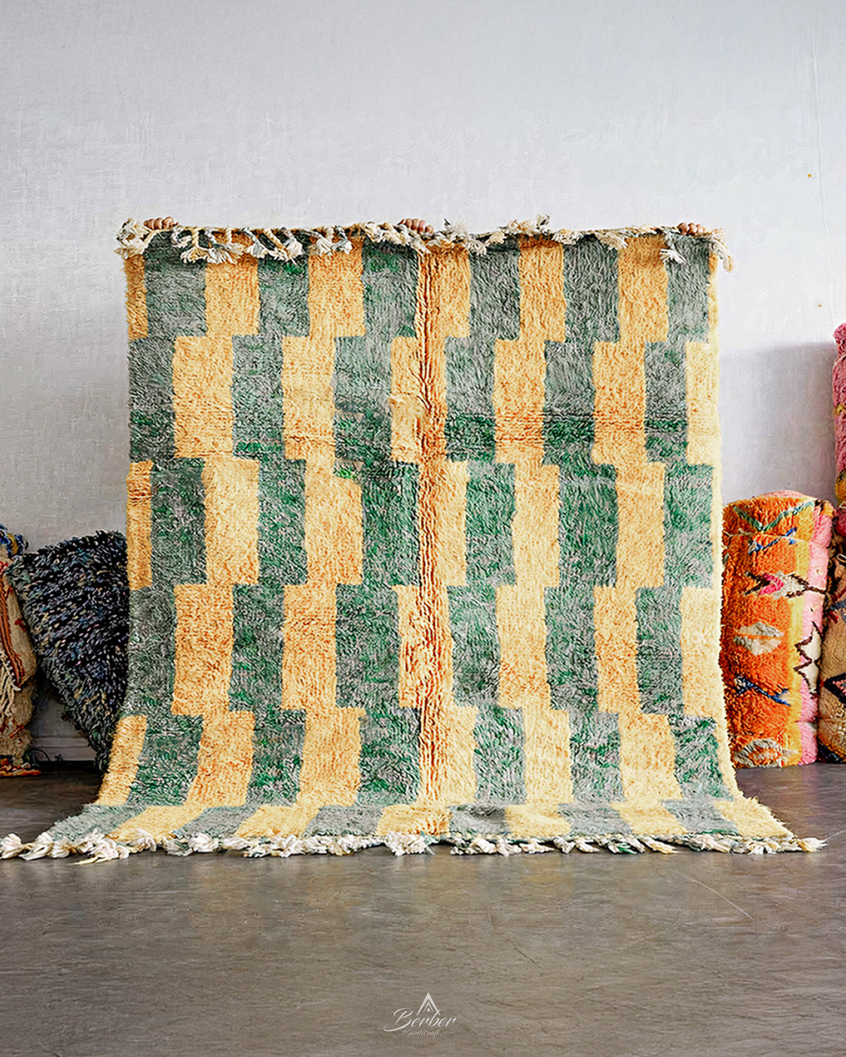 Green Yellow Wool Rug 3 X 5 Ft | 90 X 150 Cm / With Tassels / Short (0.4” / 1 cm)