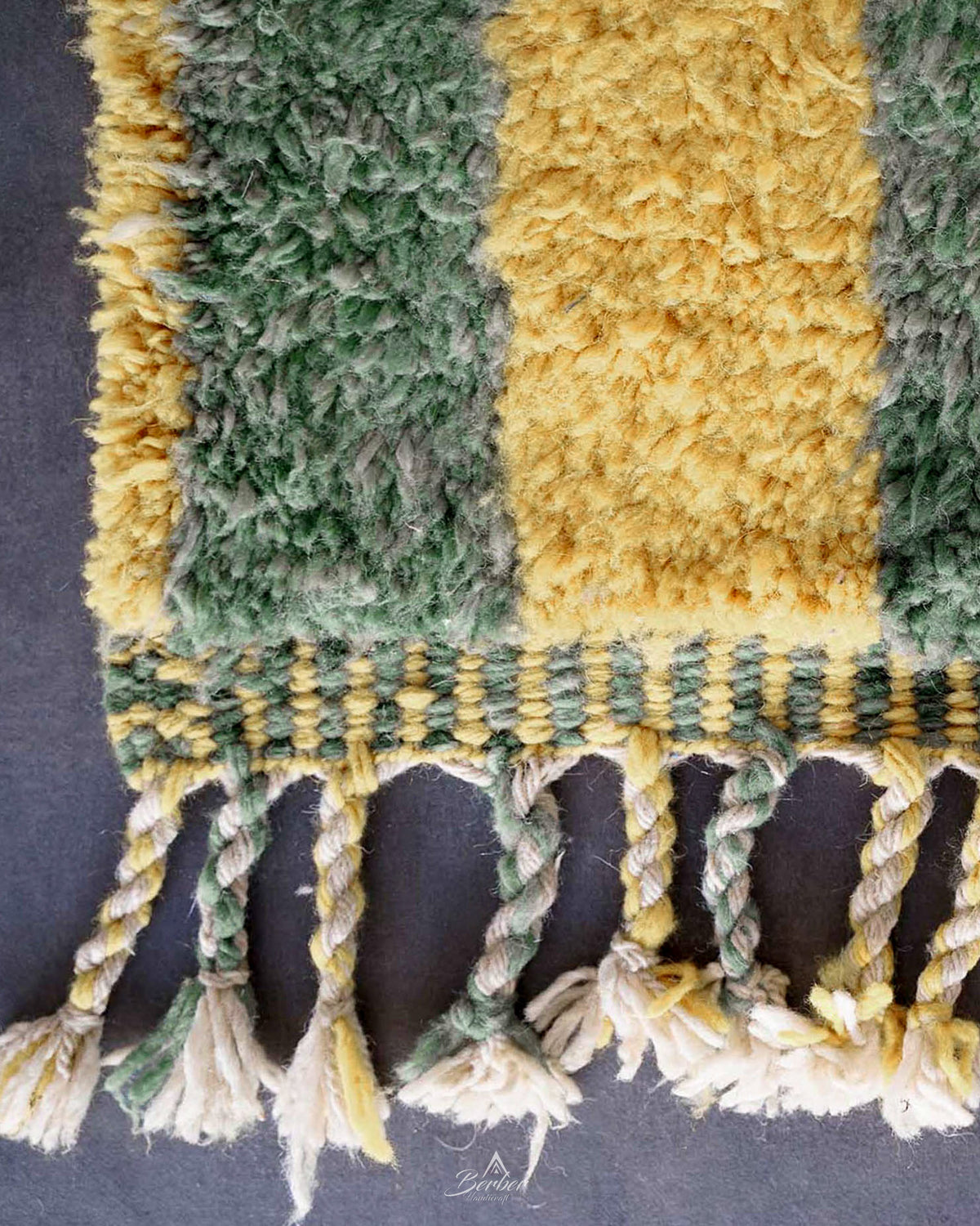 Green Yellow Wool Rug 3 X 5 Ft | 90 X 150 Cm / With Tassels / Short (0.4” / 1 cm)