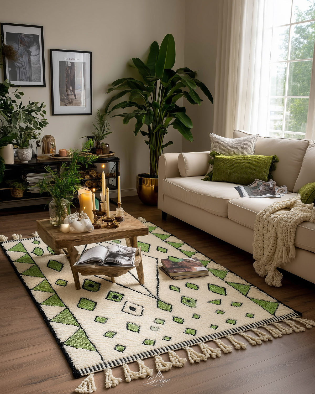 White and Green Azilal Rug 3 X 5 Ft | 90 X 150 Cm / With Tassels / Short (0.4” / 1 cm)