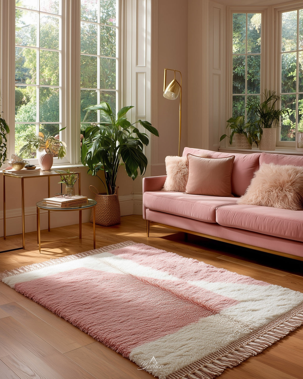 Pink Morrocan Berber Rug 3 X 5 Ft | 90 X 150 Cm / With Tassels / Short (0.4” / 1 cm)