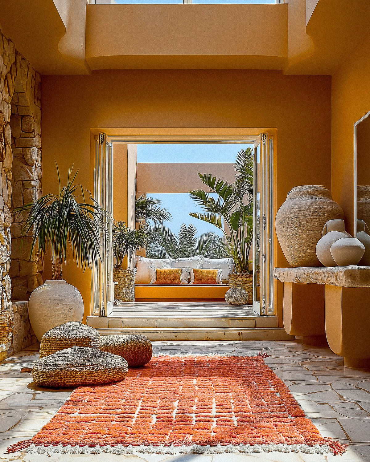 Orange Moroccan Rug 3 X 5 Ft | 90 X 150 Cm / With Tassels / Short (0.4” / 1 cm)