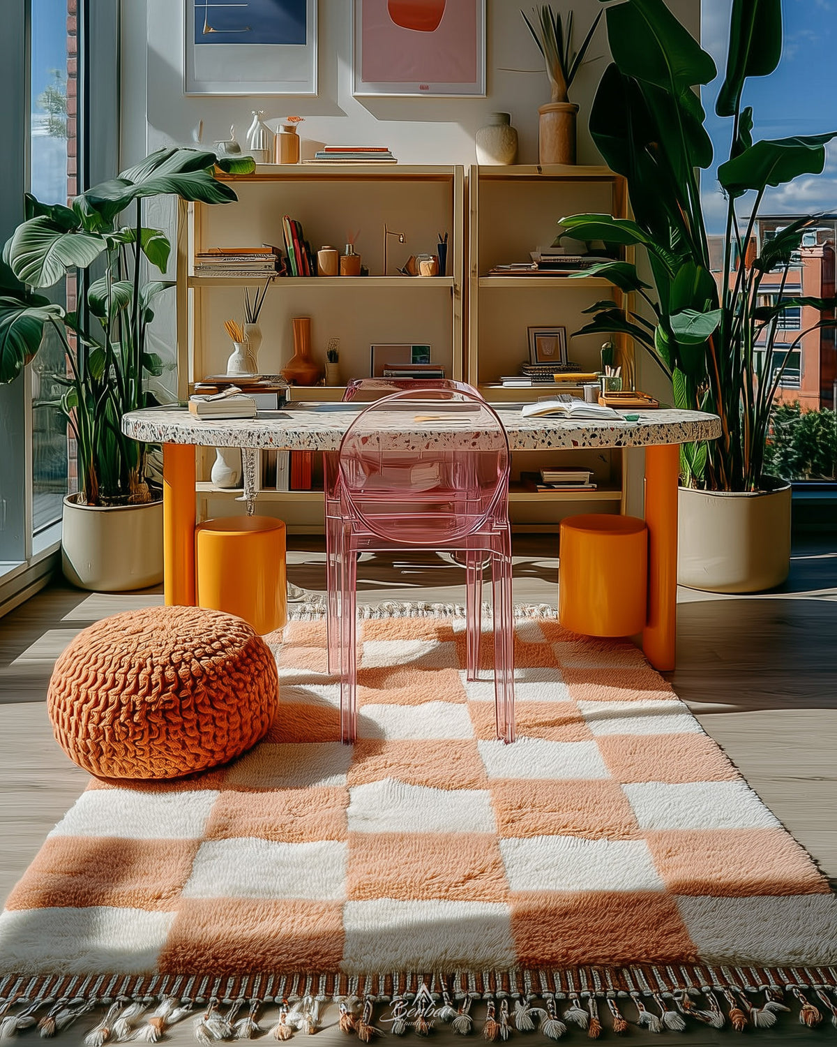 Peach Checker Rug 3 X 5 Ft | 90 X 150 Cm / With Tassels / Short (0.4” / 1 cm)