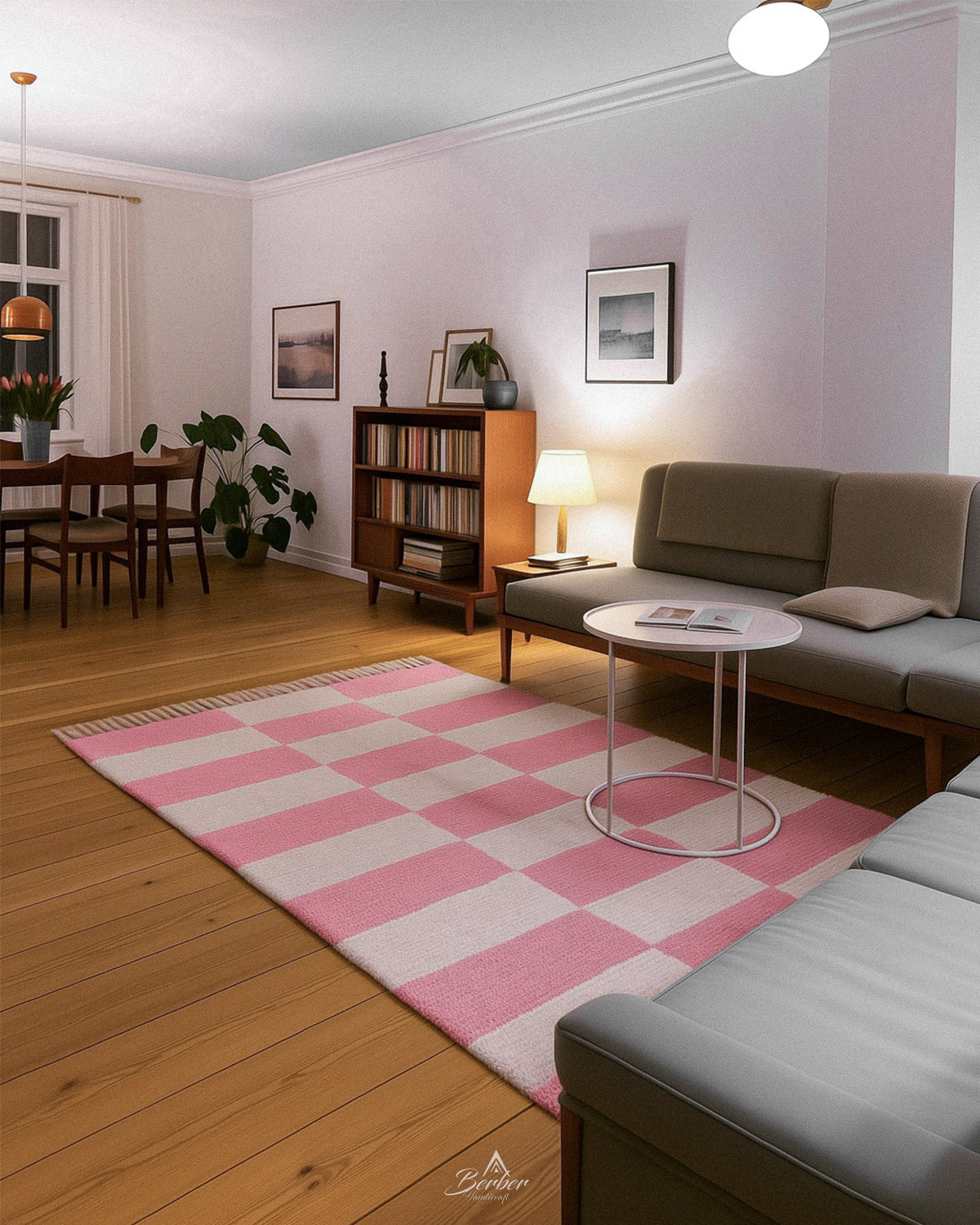 Pink Checkered Rug 3 X 5 Ft | 90 X 150 Cm / With Tassels / Short (0.4” / 1 cm)