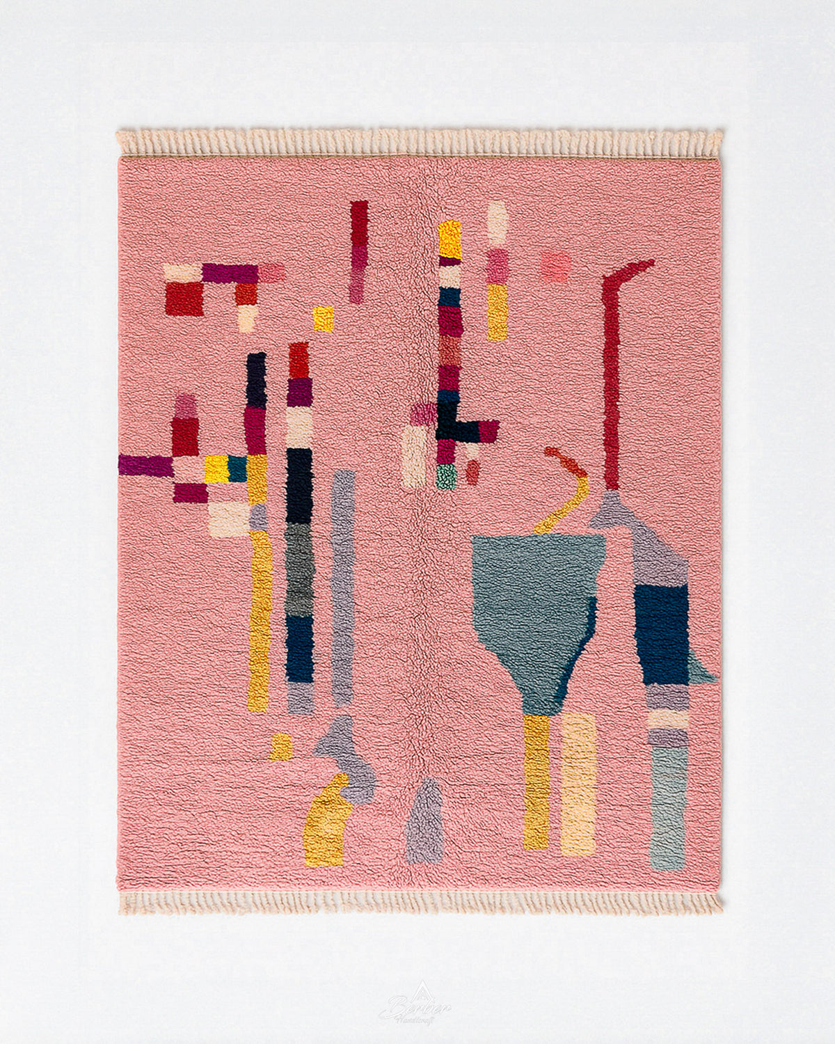 Pink Abstract Moroccan Rug 3 X 5 Ft | 90 X 150 Cm / With Tassels / Short (0.4” / 1 cm)