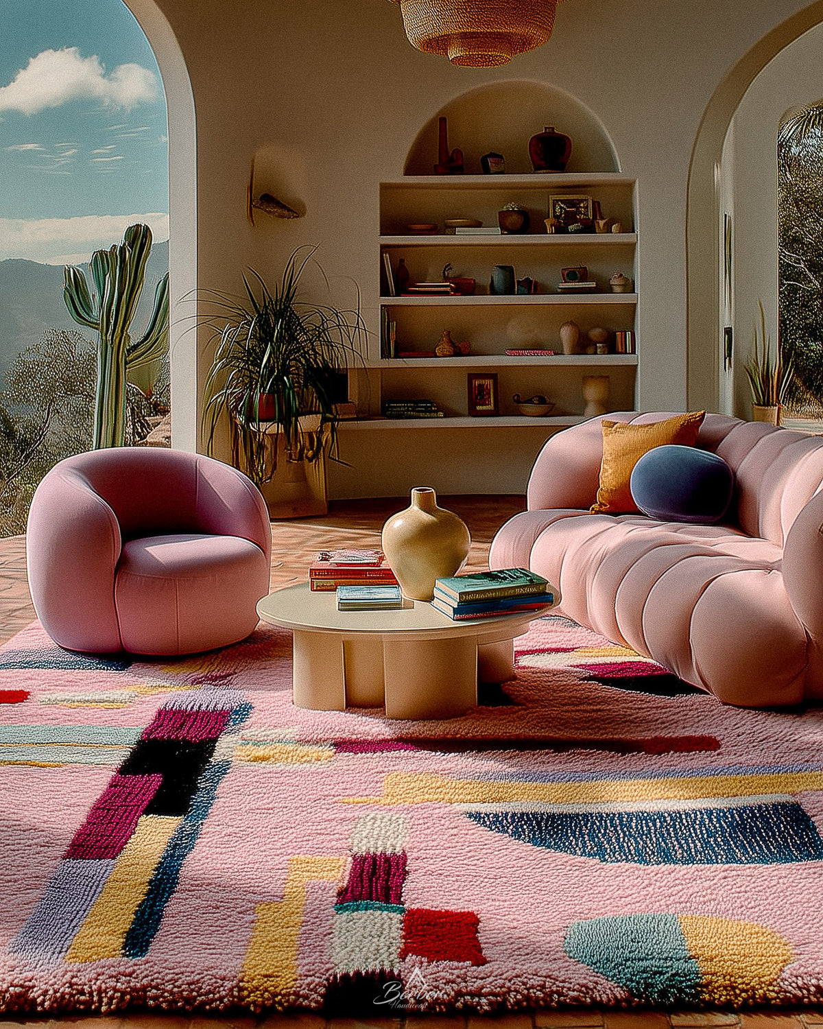 Pink Abstract Moroccan Rug 3 X 5 Ft | 90 X 150 Cm / With Tassels / Short (0.4” / 1 cm)