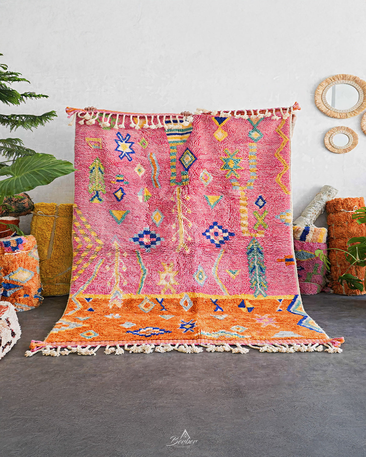 Pink Moroccan Rug 3 X 5 Ft | 90 X 150 Cm / With Tassels / Short (0.4” / 1 cm)