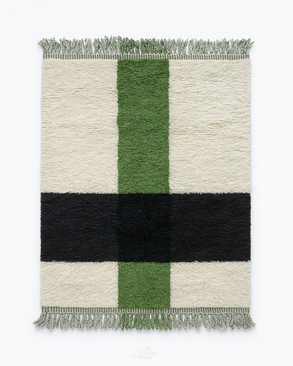White Green Moroccan Rug 3 X 5 Ft | 90 X 150 Cm / With Tassels / Short (0.4” / 1 cm)
