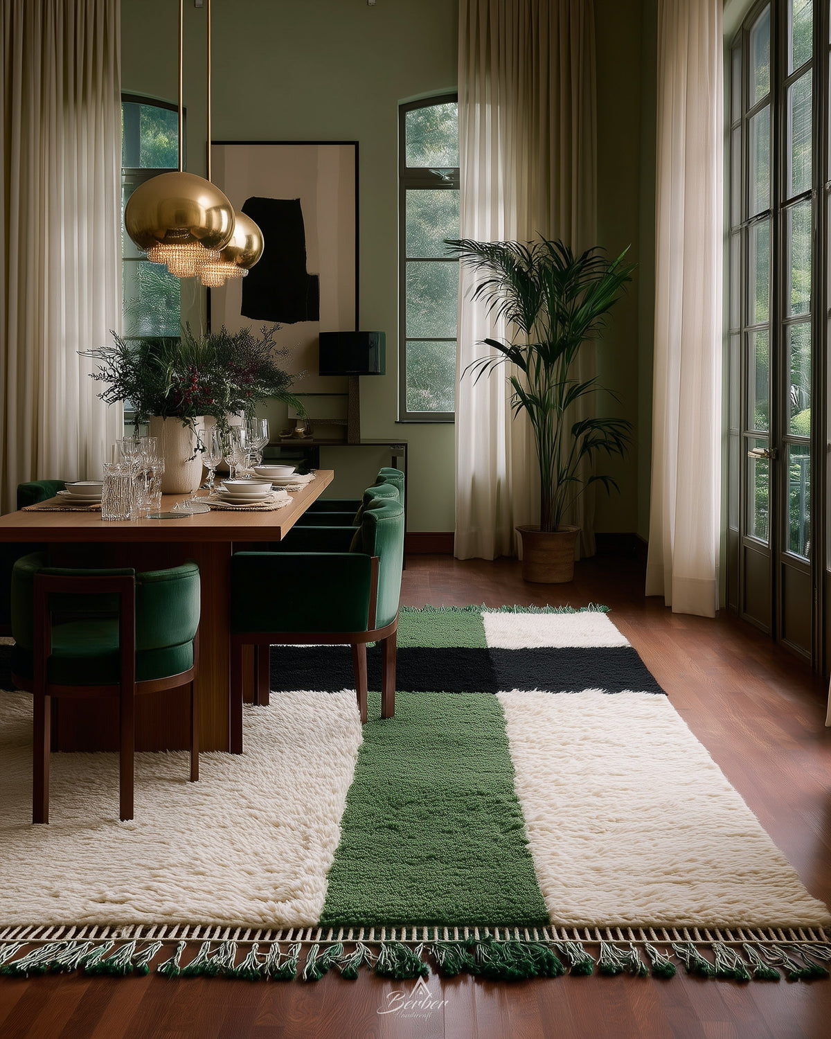 White Green Moroccan Rug 3 X 5 Ft | 90 X 150 Cm / With Tassels / Short (0.4” / 1 cm)