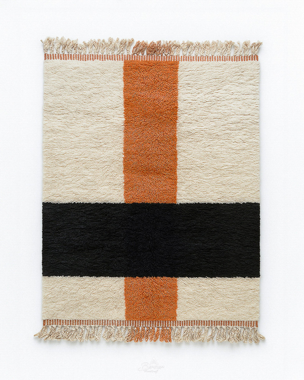 White Orange Moroccan Rug 3 X 5 Ft | 90 X 150 Cm / With Tassels / Short (0.4” / 1 cm)