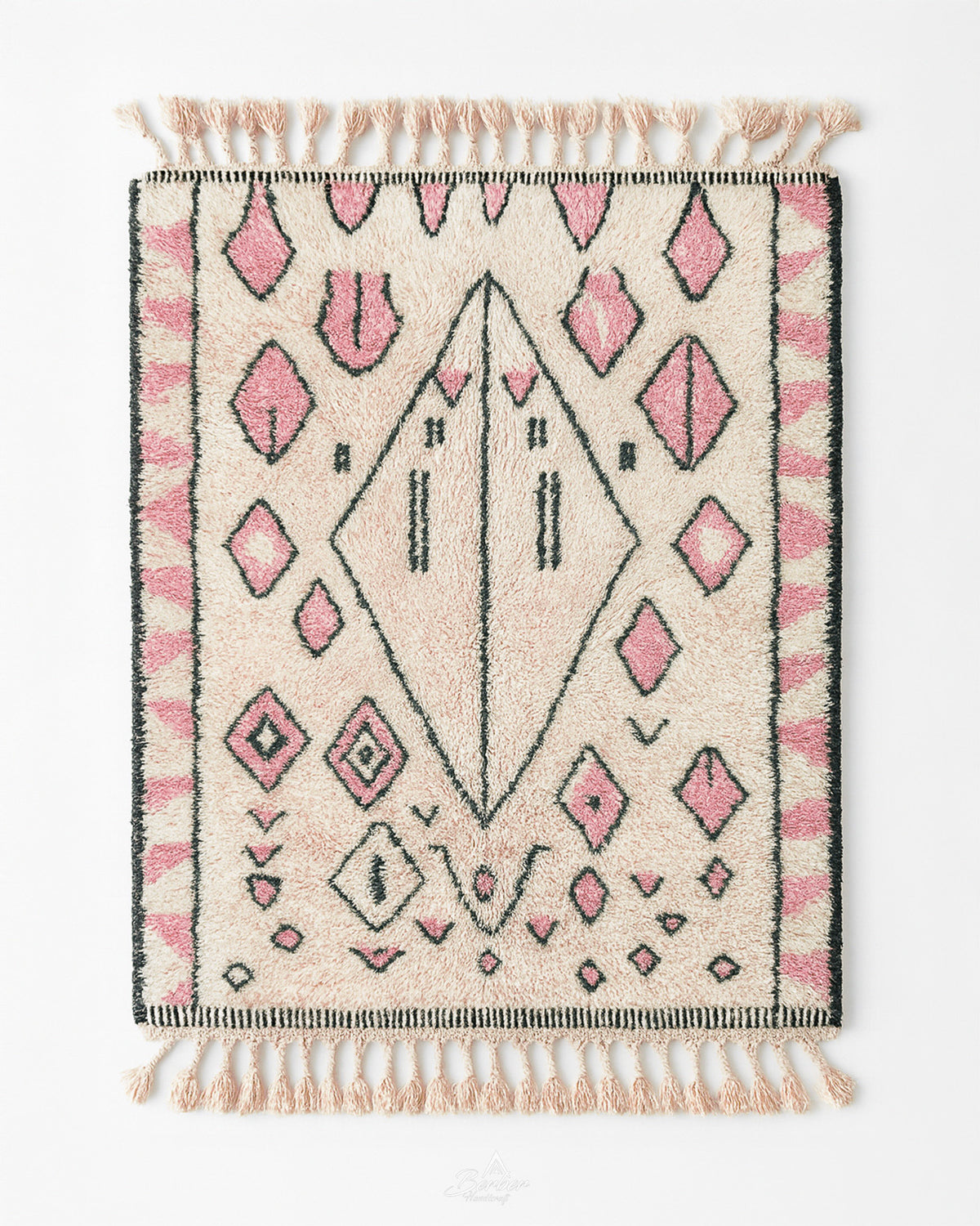 Pink and White Azilal Rug 3 X 5 Ft | 90 X 150 Cm / With Tassels / Short (0.4” / 1 cm)
