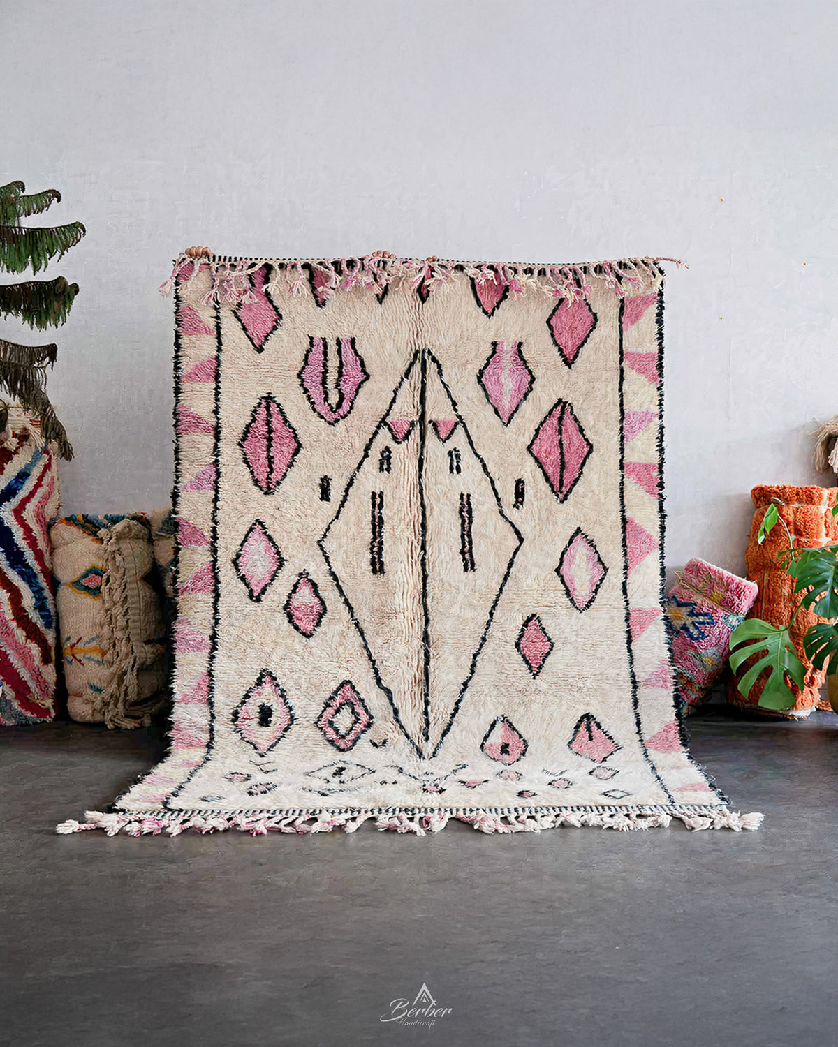 Pink and White Azilal Rug 3 X 5 Ft | 90 X 150 Cm / With Tassels / Short (0.4” / 1 cm)