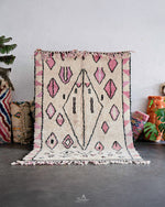 Pink and White Azilal Rug 3 X 5 Ft | 90 X 150 Cm / With Tassels / Short (0.4” / 1 cm)