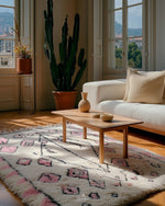 Pink and White Azilal Rug 3 X 5 Ft | 90 X 150 Cm / With Tassels / Short (0.4” / 1 cm)