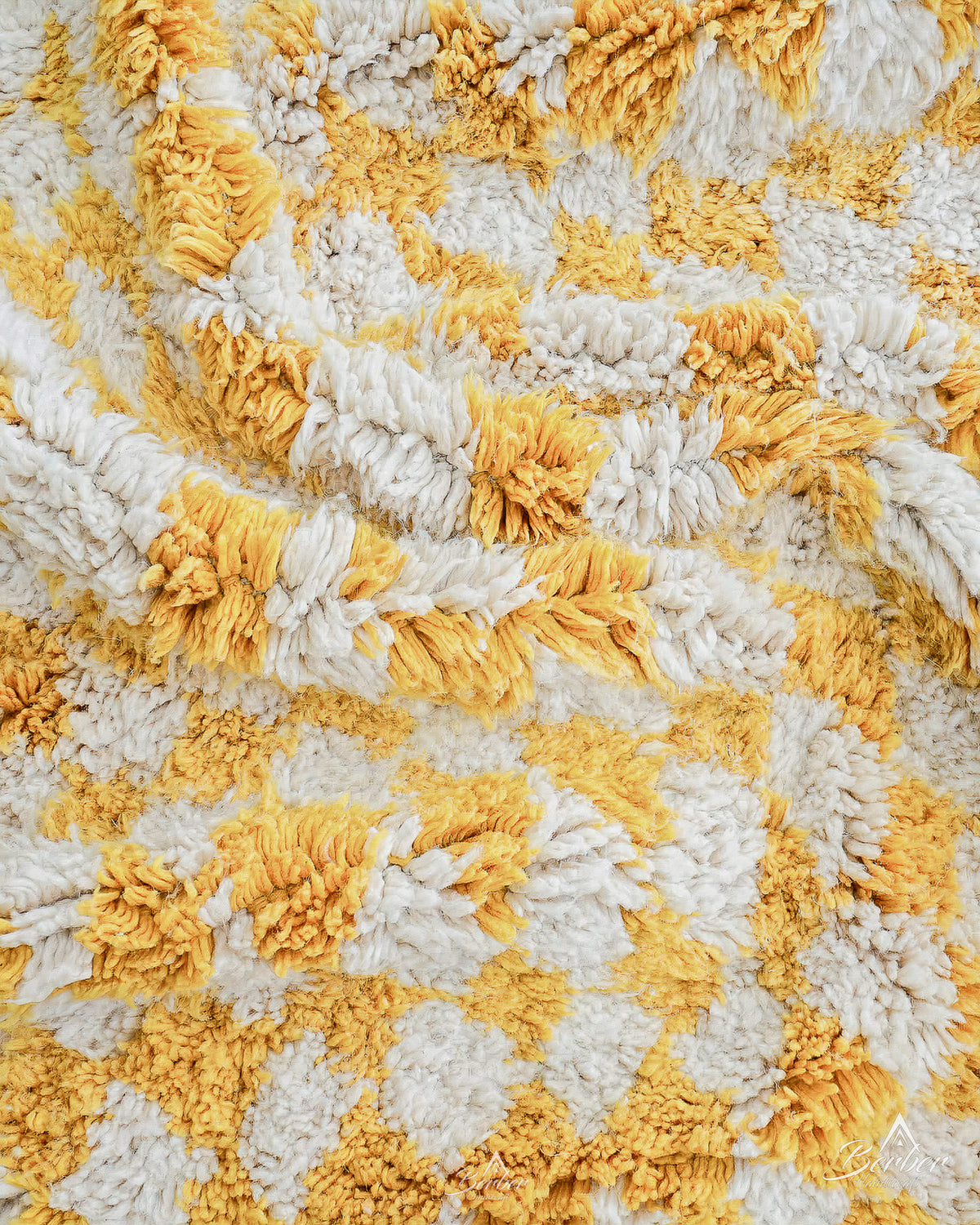 Yellow Checkered Moroccan Rug 3 X 5 Ft | 90 X 150 Cm / With Tassels / Short (0.4” / 1 cm)