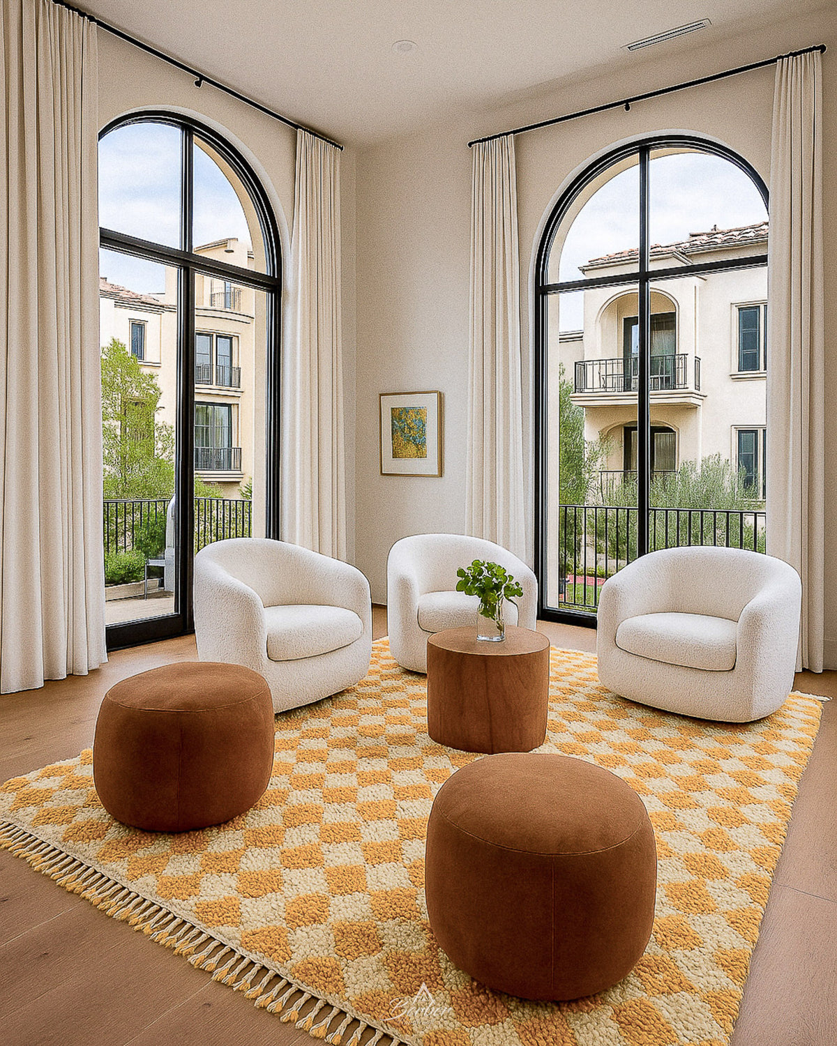 Yellow Checkered Moroccan Rug 3 X 5 Ft | 90 X 150 Cm / With Tassels / Short (0.4” / 1 cm)
