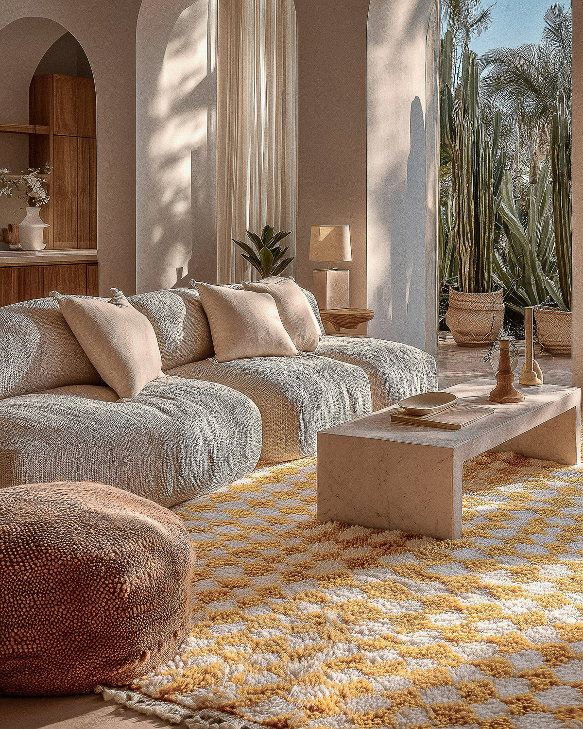 Yellow Checkered Moroccan Rug 3 X 5 Ft | 90 X 150 Cm / With Tassels / Short (0.4” / 1 cm)