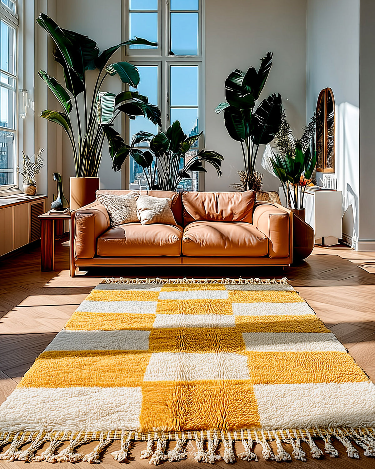 Yellow Checkered Carpet 3 X 5 Ft | 90 X 150 Cm / With Tassels / Short (0.4” / 1 cm)