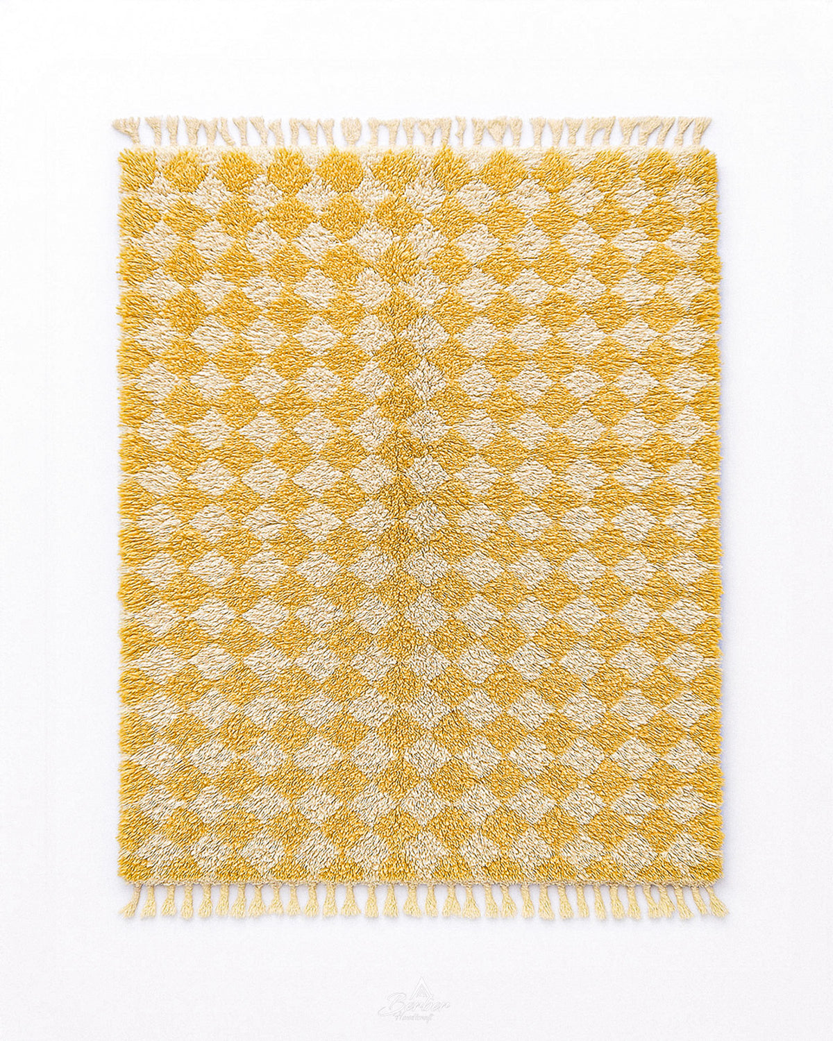 Yellow Checkered Moroccan Rug 3 X 5 Ft | 90 X 150 Cm / With Tassels / Short (0.4” / 1 cm)