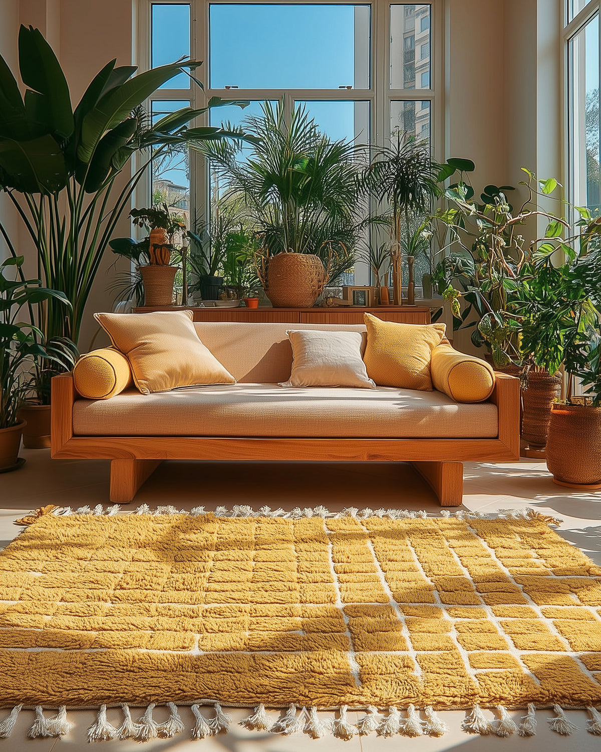 Yellow Morrocan Area Rug 3 X 5 Ft | 90 X 150 Cm / With Tassels / Short (0.4” / 1 cm)