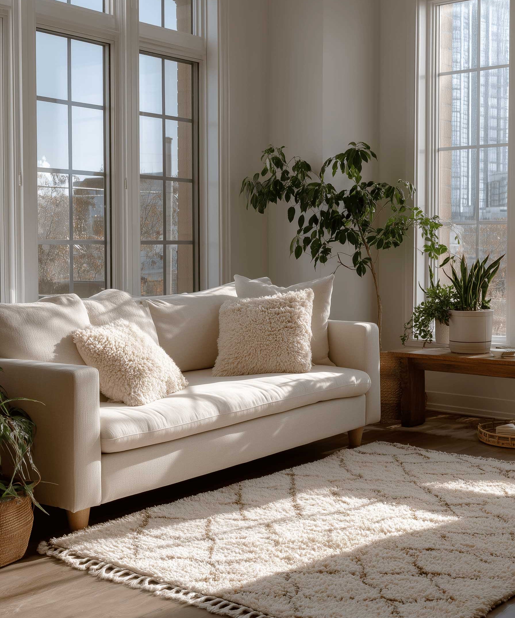 Modern space with neutral Moroccan rug