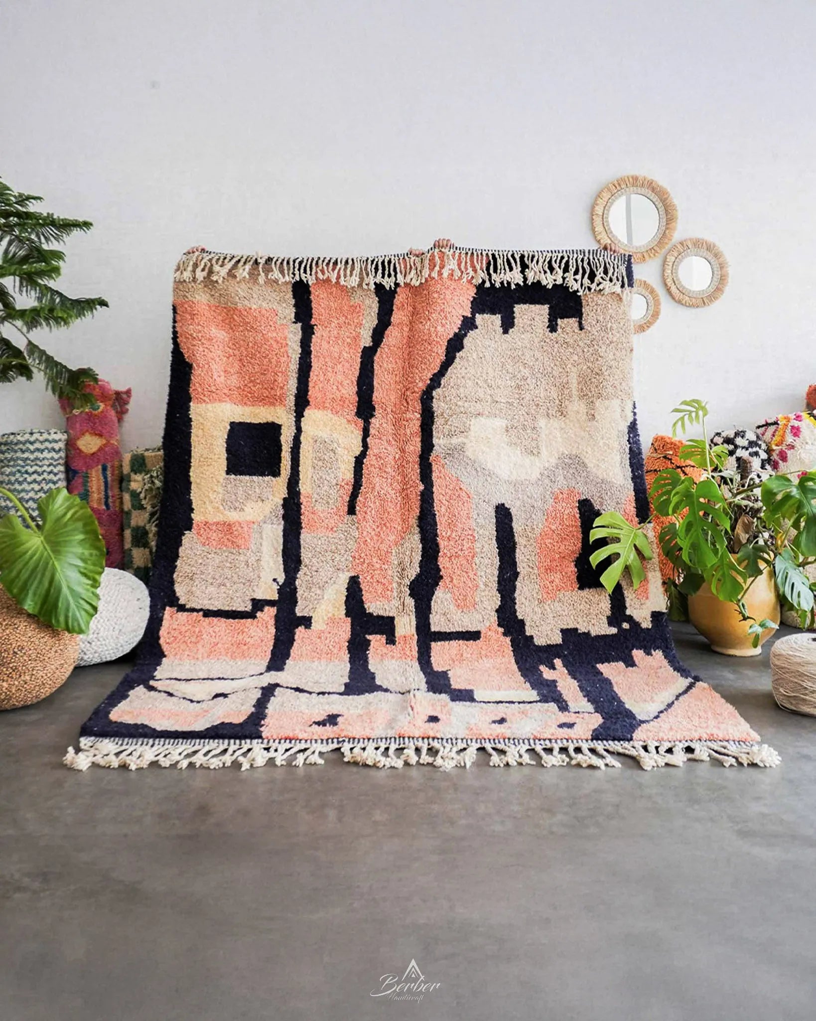 Abstract Moroccan Rug 3 X 5 Ft | 90 X 150 Cm / With Tassels / Short (0.4” / 1 cm)