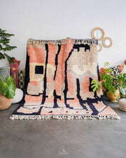 Abstract Moroccan Rug 3 X 5 Ft | 90 X 150 Cm / With Tassels / Short (0.4” / 1 cm)