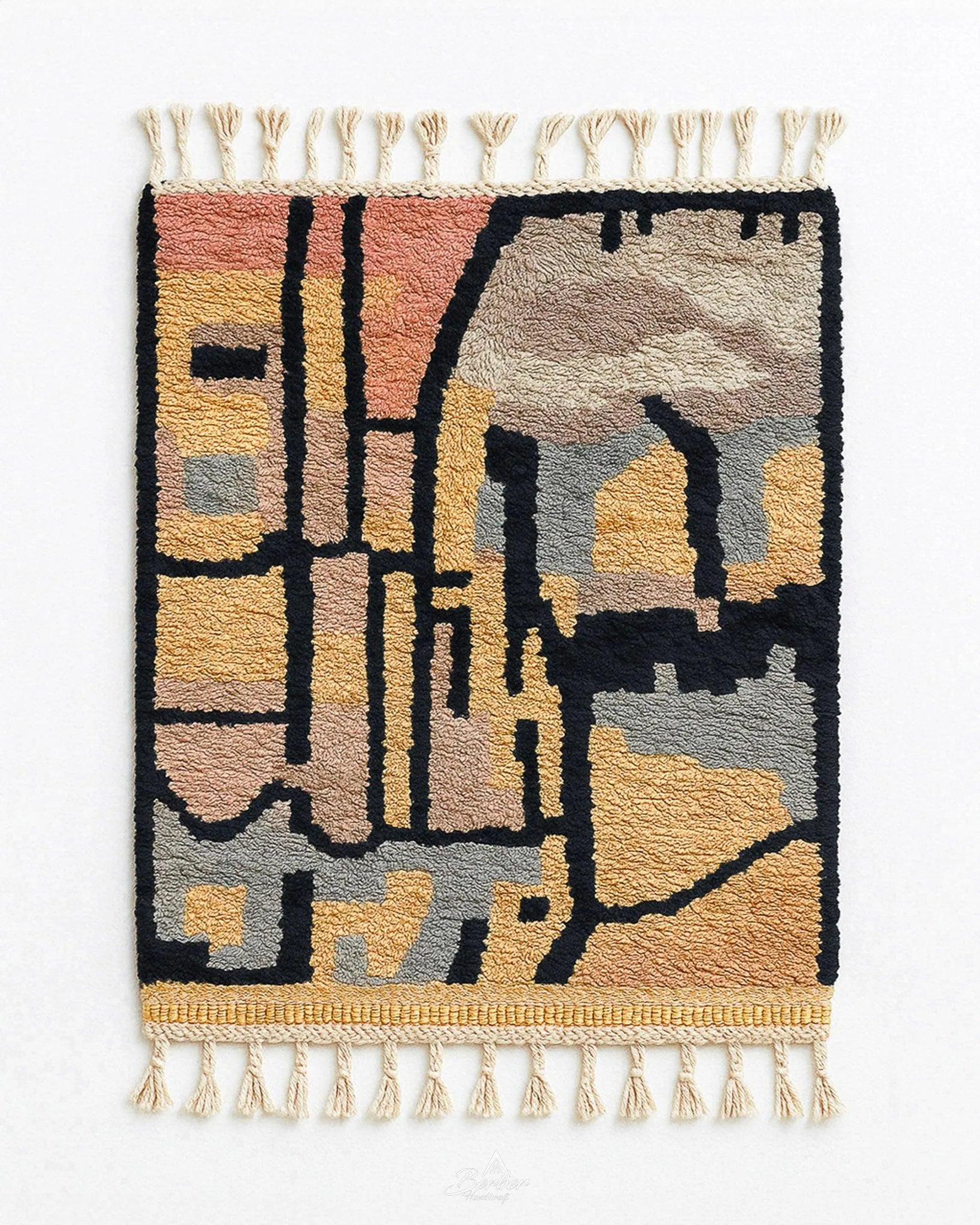 Abstract Moroccan Wool Rug 3 X 5 Ft | 90 X 150 Cm / With Tassels / Short (0.4” / 1 cm)