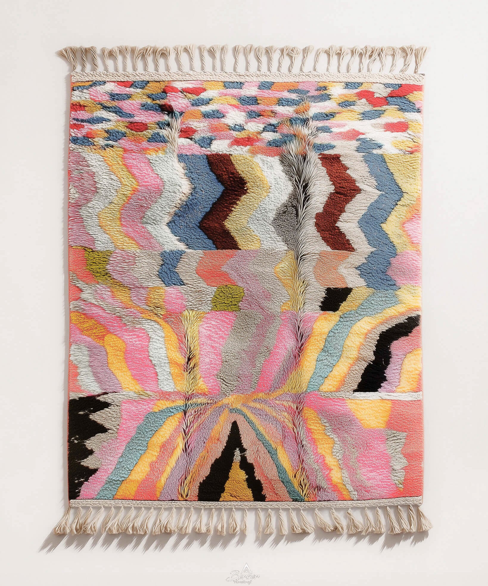 Multicolored abstract pink moroccan rug with fringe on a white background