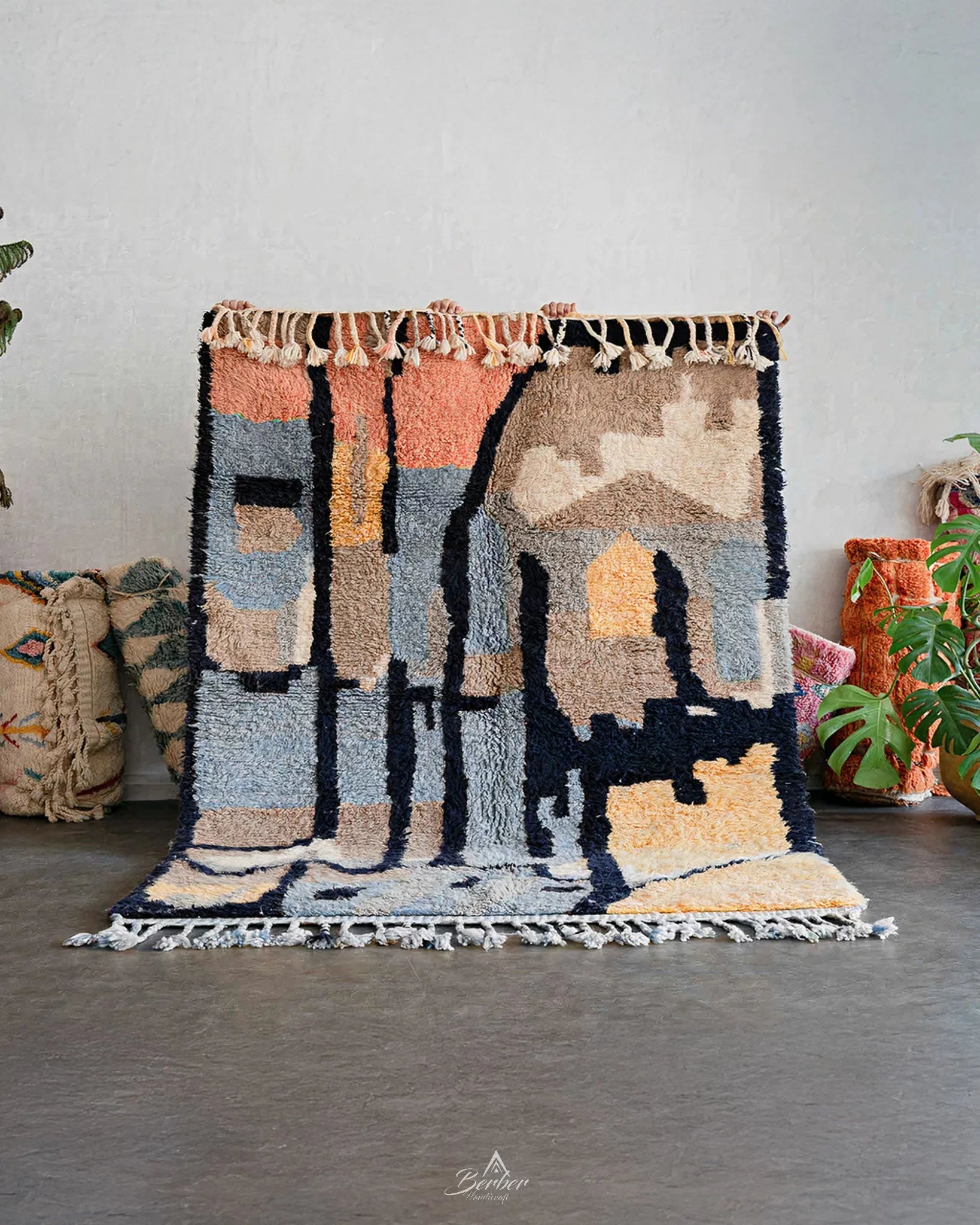Abstract Wool Moroccan Rug 3 X 5 Ft | 90 X 150 Cm / With Tassels / Short (0.4” / 1 cm)