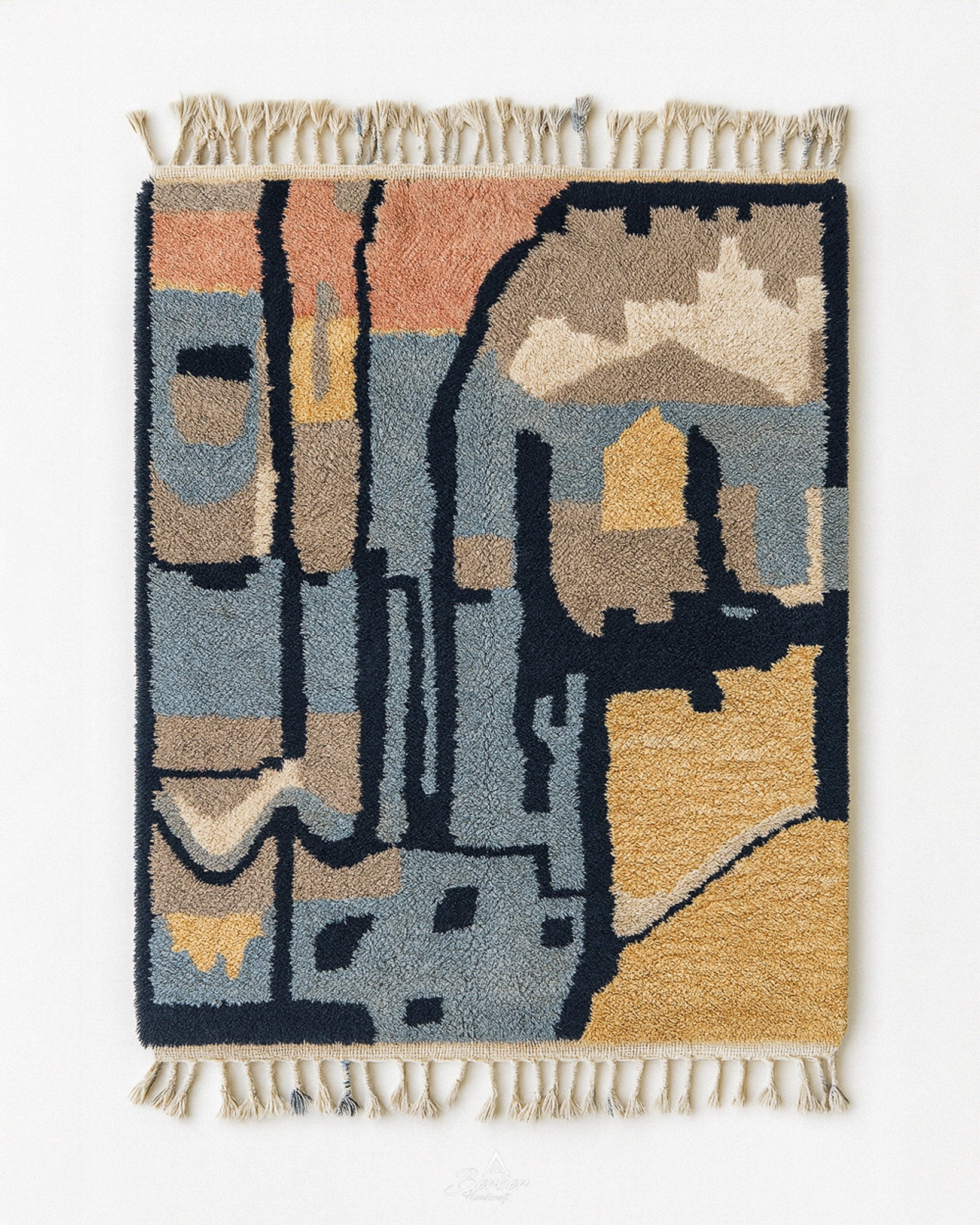 Abstract Wool Moroccan Rug 3 X 5 Ft | 90 X 150 Cm / With Tassels / Short (0.4” / 1 cm)