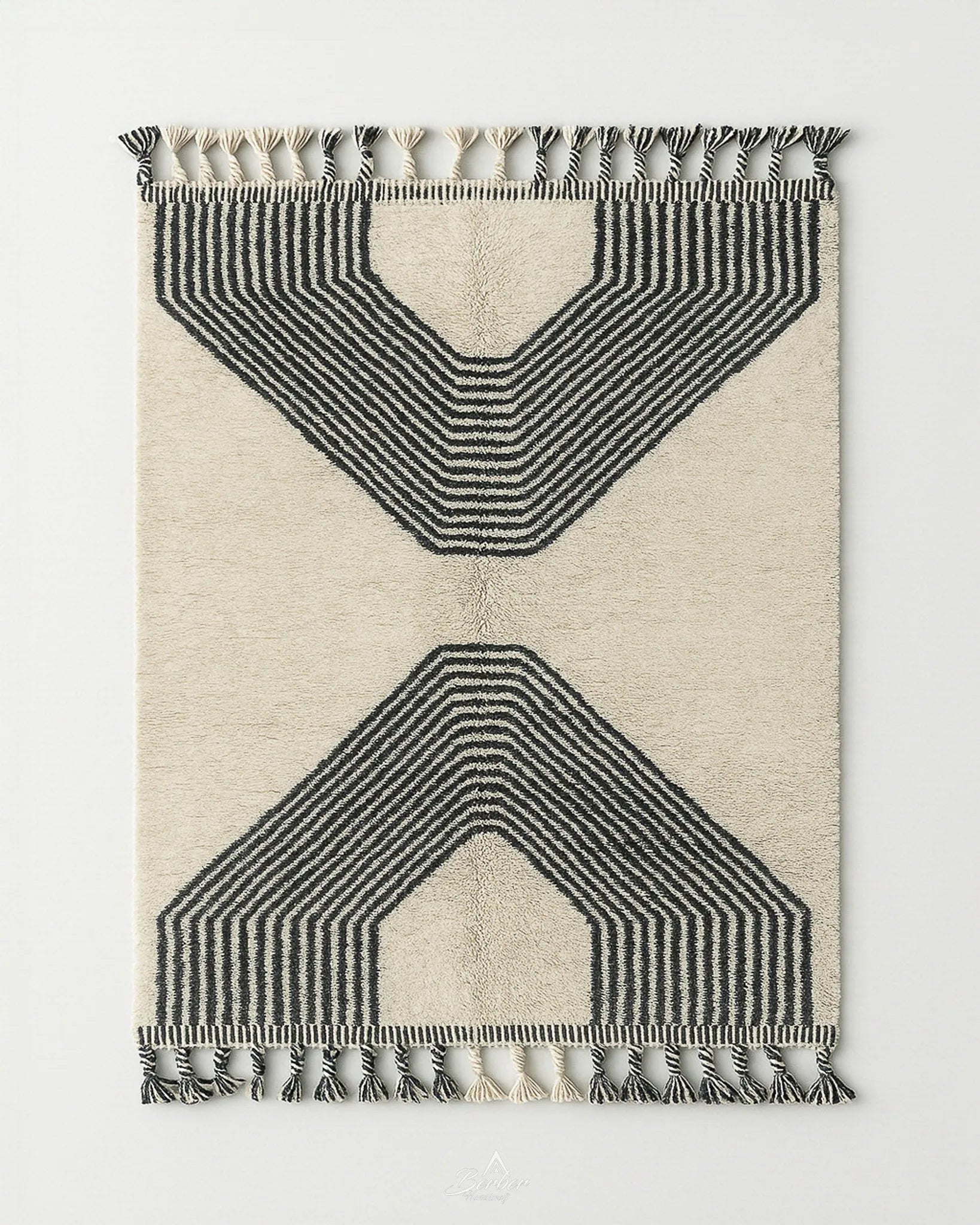 Beni Ourain Wool Rug 3 X 5 Ft | 90 X 150 Cm / With Tassels / Short (0.4” / 1 cm)