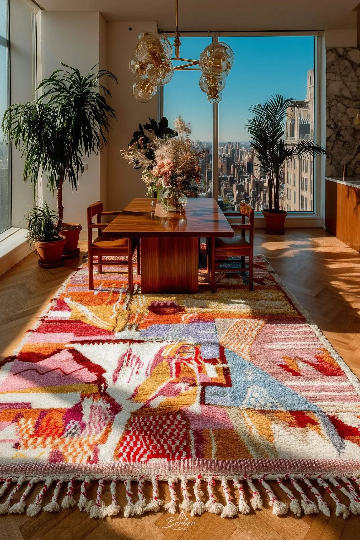 Colorful moroccan berber rug in a room with large windows and cityscape view.