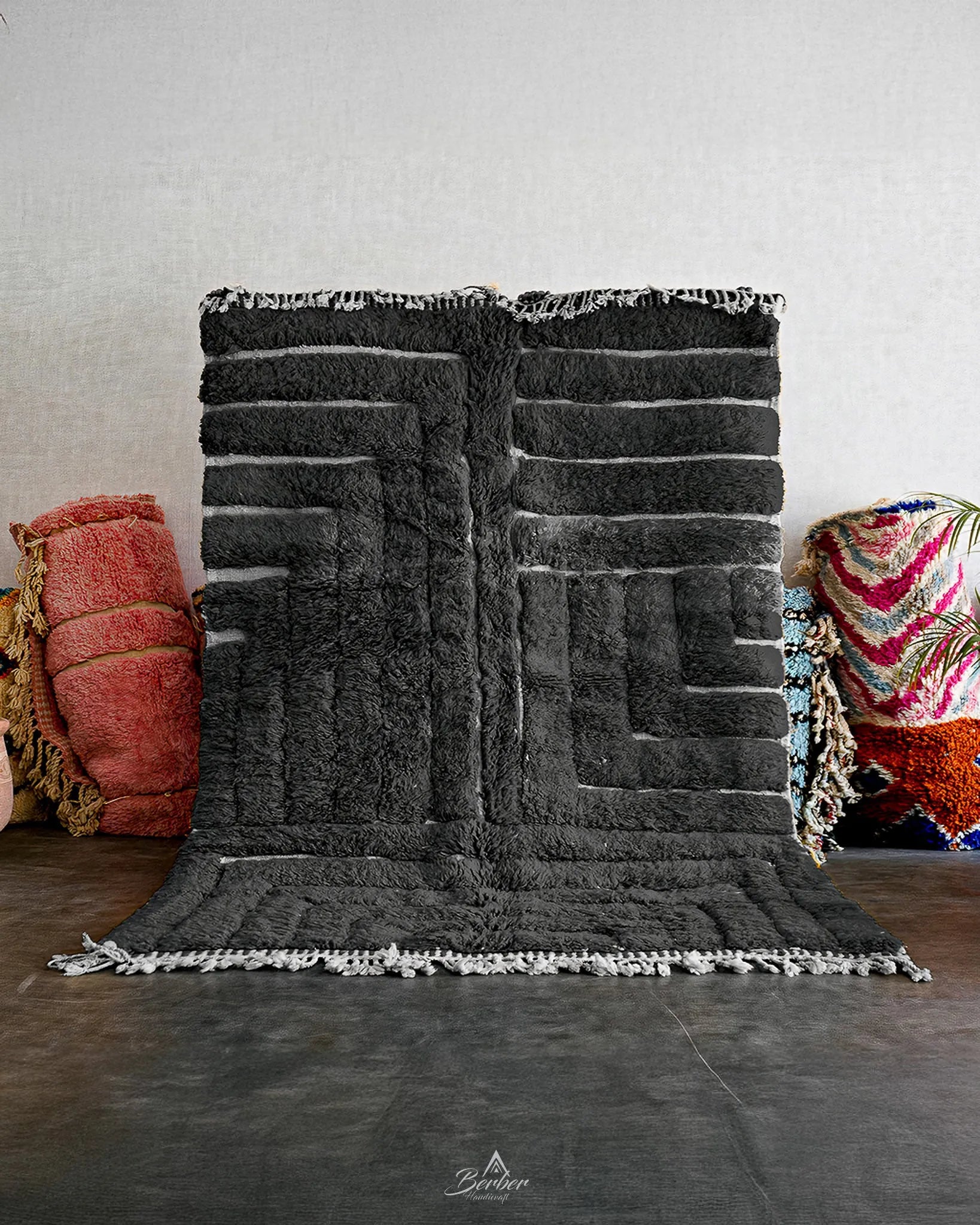 Black Beni Ourain Carpet 3 X 5 Ft | 90 X 150 Cm / With Tassels / Short (0.4” / 1 cm)