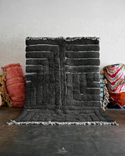 Black Beni Ourain Carpet 3 X 5 Ft | 90 X 150 Cm / With Tassels / Short (0.4” / 1 cm)