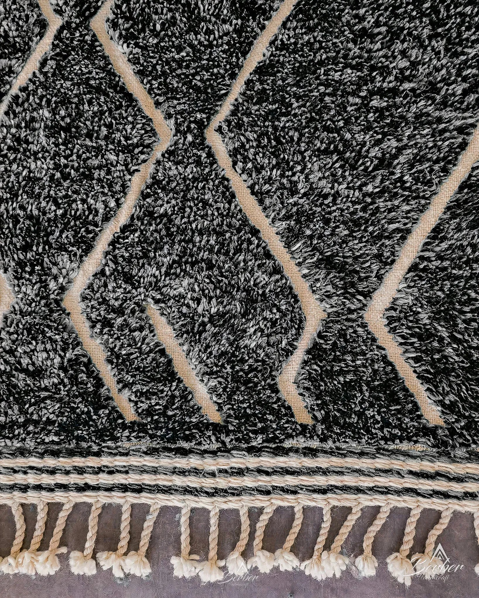 Black Beni Ourain Rug 3 X 5 Ft | 90 X 150 Cm / With Tassels / Short (0.4” / 1 cm)