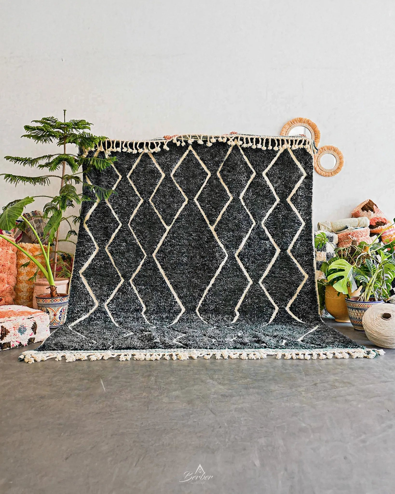 Black Beni Ourain Rug 3 X 5 Ft | 90 X 150 Cm / With Tassels / Short (0.4” / 1 cm)