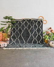 Black Beni Ourain Rug 3 X 5 Ft | 90 X 150 Cm / With Tassels / Short (0.4” / 1 cm)
