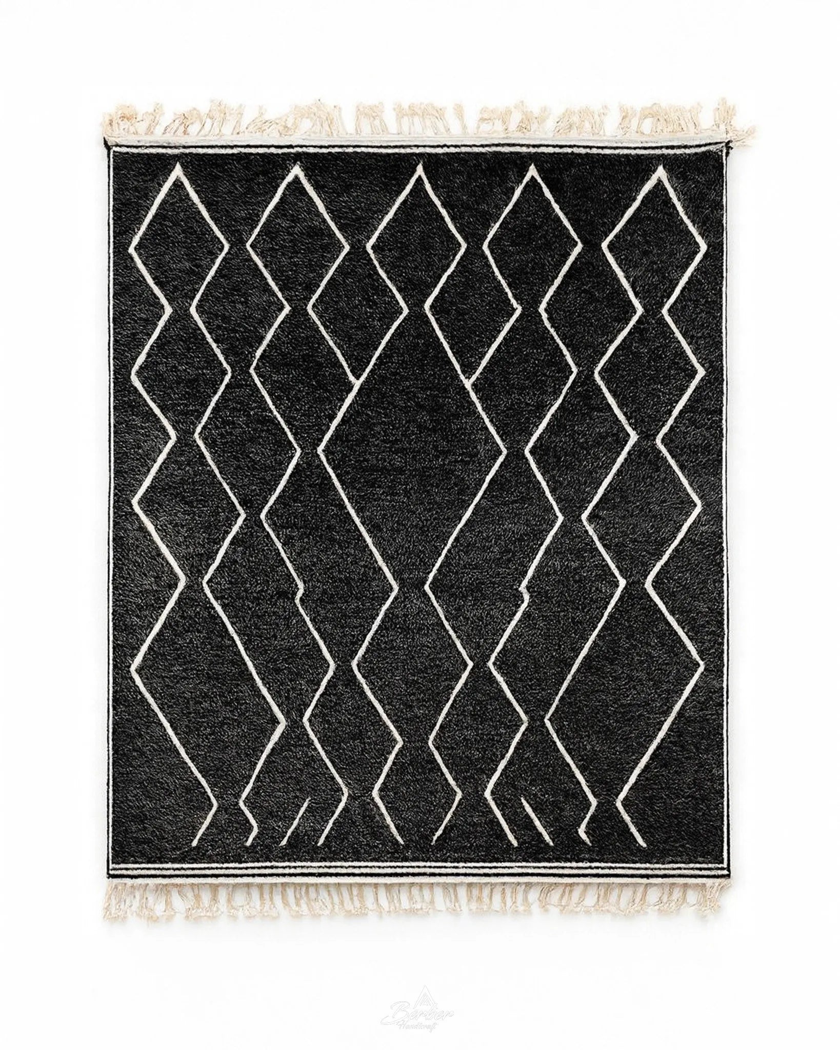 Black Beni Ourain Rug 3 X 5 Ft | 90 X 150 Cm / With Tassels / Short (0.4” / 1 cm)
