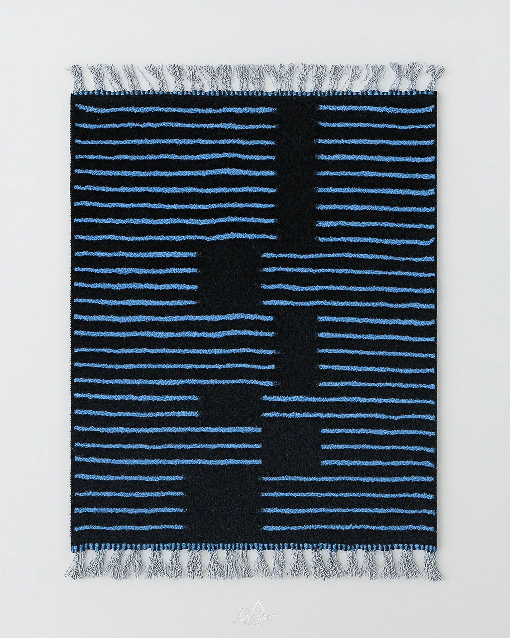 Black Blue Berber Rug 3 X 5 Ft | 90 X 150 Cm / With Tassels / Short (0.4” / 1 cm)