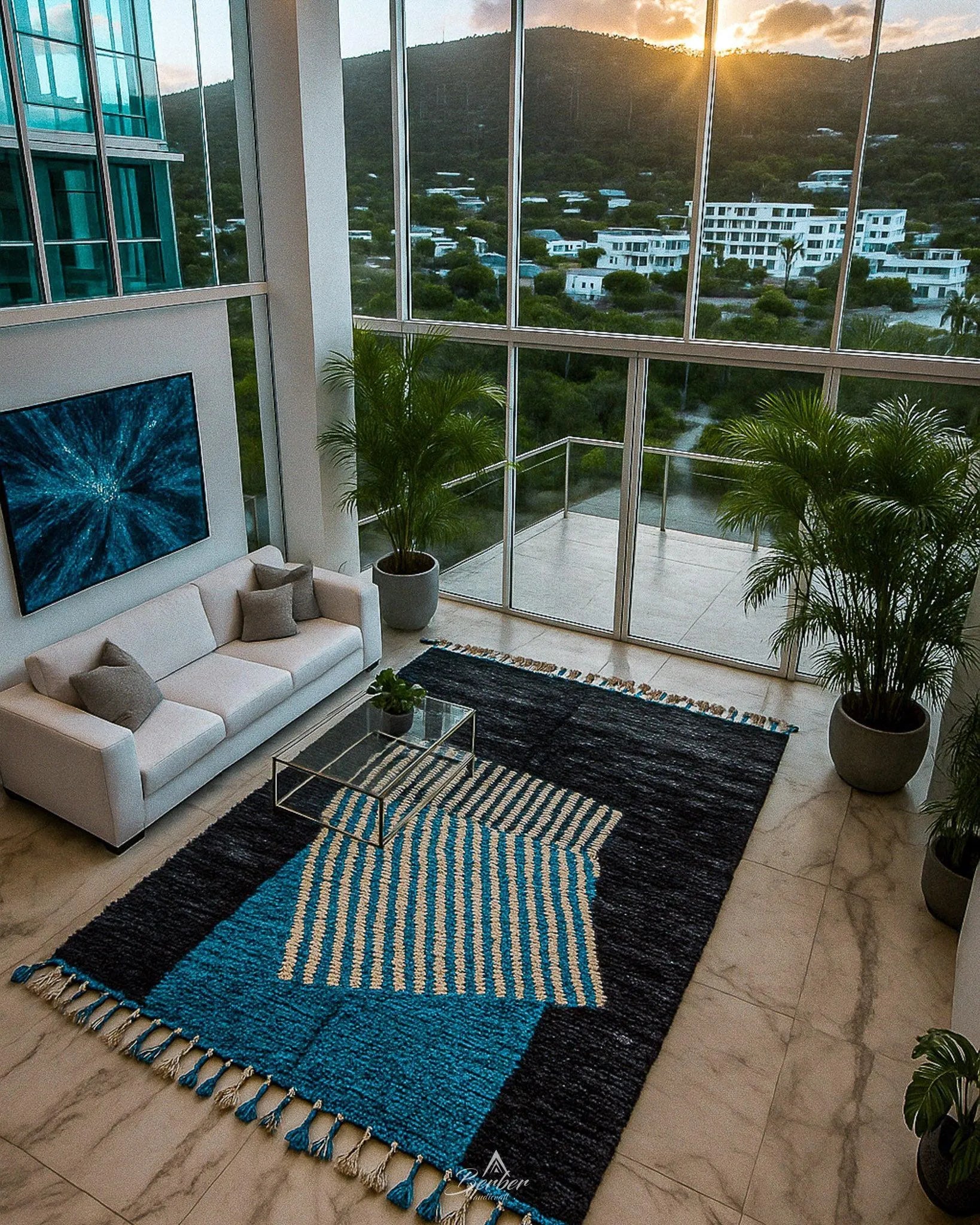 Black Blue Moroccan Rug 3 X 5 Ft | 90 X 150 Cm / With Tassels / Short (0.4” / 1 cm)