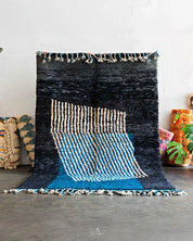 Black Blue Moroccan Rug 3 X 5 Ft | 90 X 150 Cm / With Tassels / Short (0.4” / 1 cm)