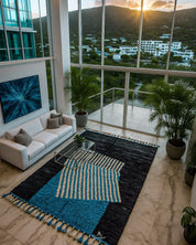 Black Blue Moroccan Rug 3 X 5 Ft | 90 X 150 Cm / With Tassels / Short (0.4” / 1 cm)