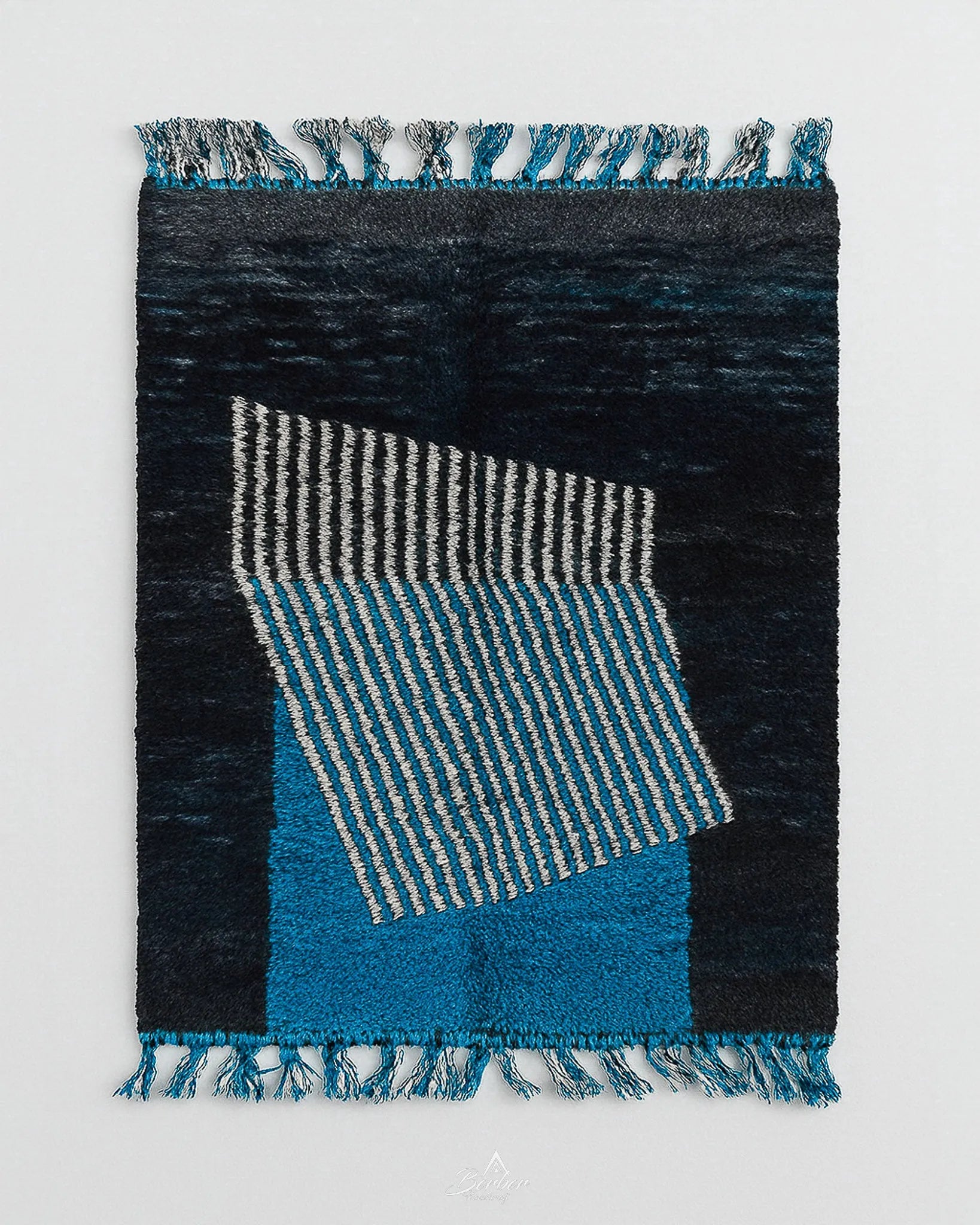 Black Blue Moroccan Rug 3 X 5 Ft | 90 X 150 Cm / With Tassels / Short (0.4” / 1 cm)