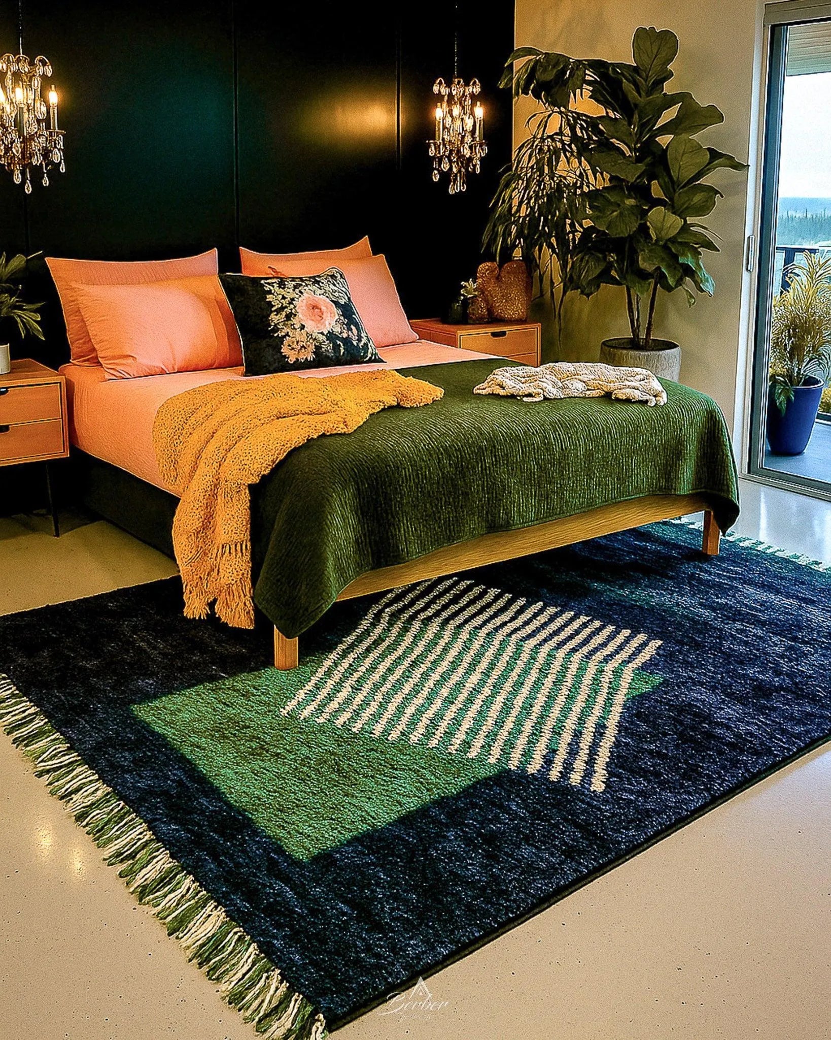 Black Green Moroccan Rug 3 X 5 Ft | 90 X 150 Cm / With Tassels / Short (0.4” / 1 cm)