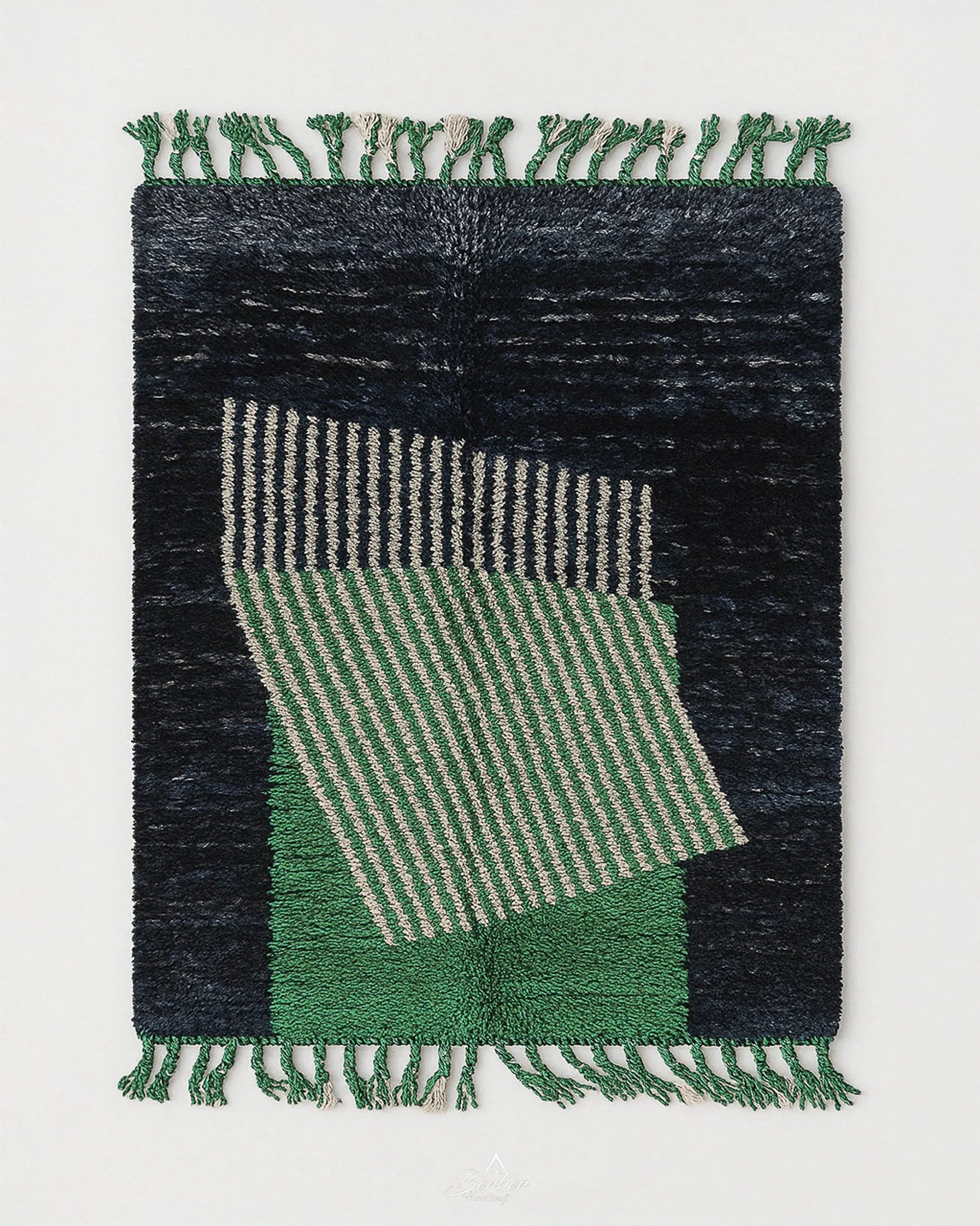 Black Green Moroccan Rug 3 X 5 Ft | 90 X 150 Cm / With Tassels / Short (0.4” / 1 cm)