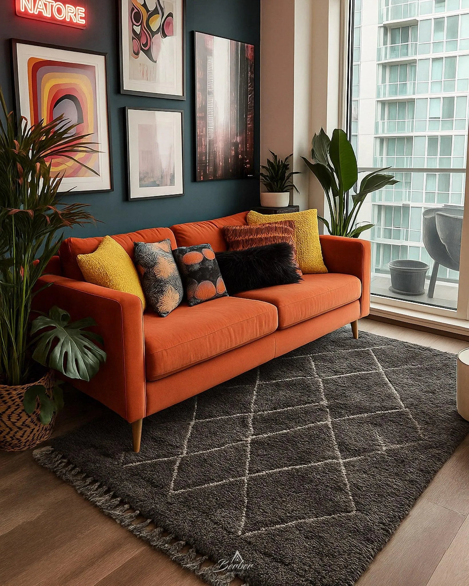 Black Trellis Rug 3 X 5 Ft | 90 X 150 Cm / With Tassels / Short (0.4” / 1 cm)