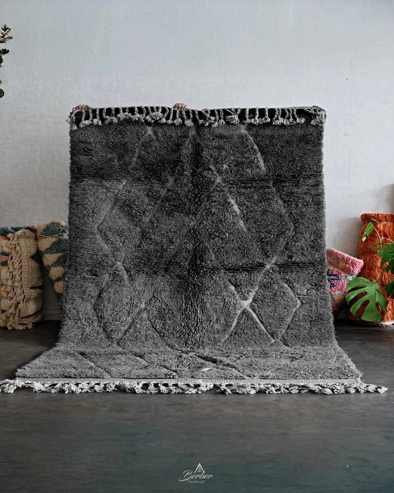 Black Trellis Rug 3 X 5 Ft | 90 X 150 Cm / With Tassels / Short (0.4” / 1 cm)