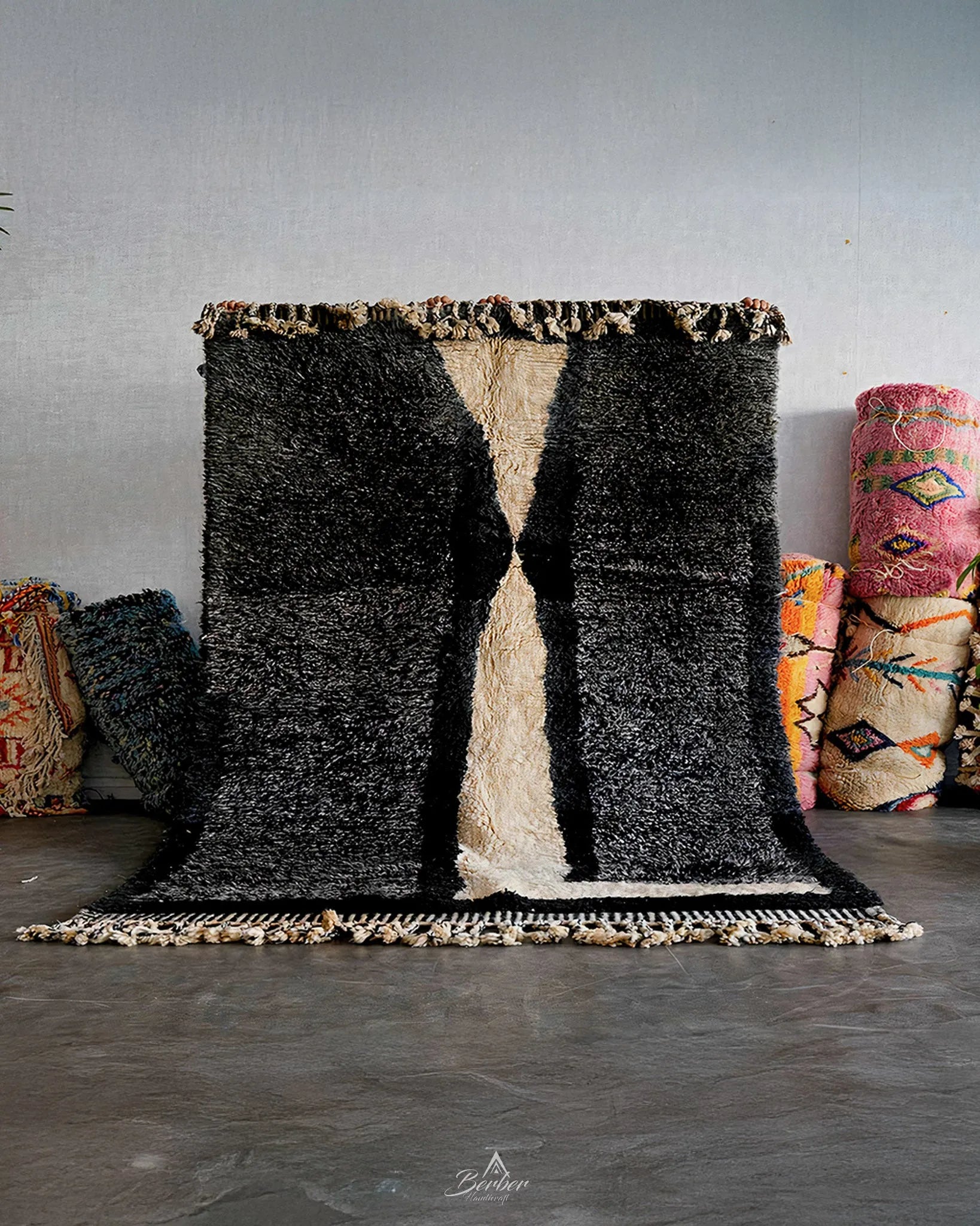 Black and Grey Berber Carpet 3 X 5 Ft | 90 X 150 Cm / With Tassels / Short (0.4” / 1 cm)