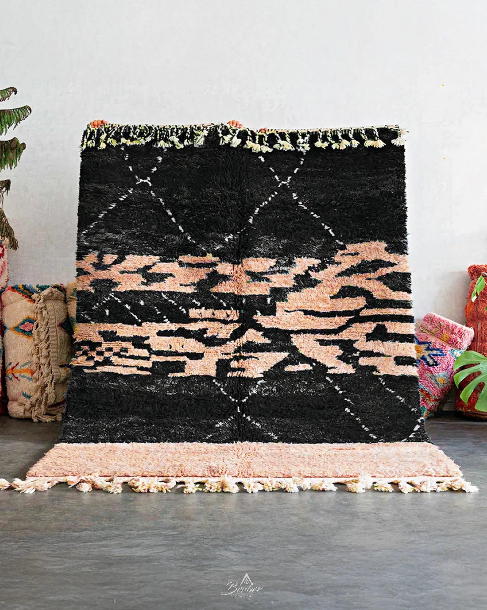 Black and Peach Moroccan rug 3 X 5 Ft | 90 X 150 Cm / With Tassels / Short (0.4” / 1 cm)